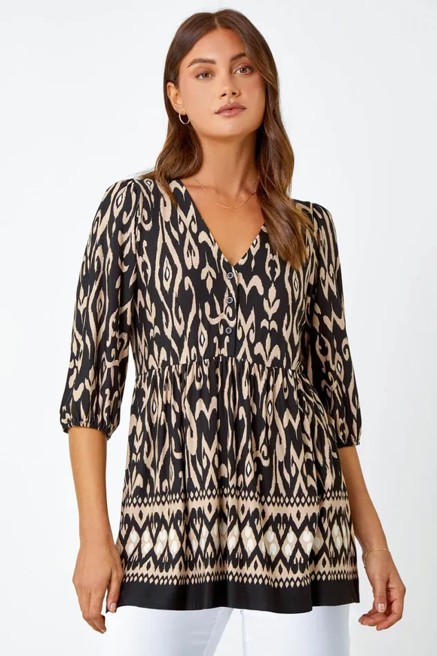 Women Black Aztec Print VNeck Stretch Tunic Smock Top Roman Tops