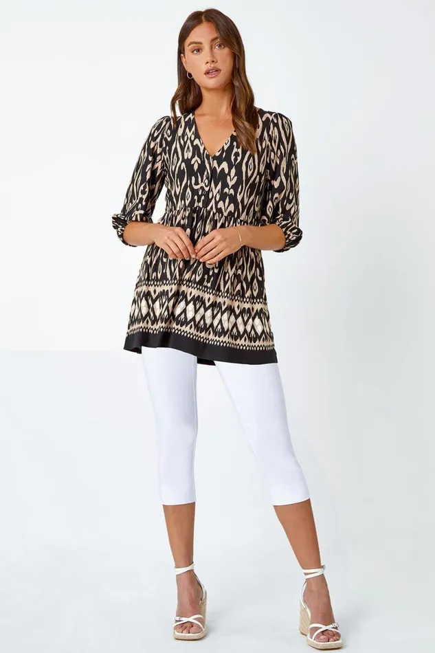 Women Black Aztec Print VNeck Stretch Tunic Smock Top Roman Tops