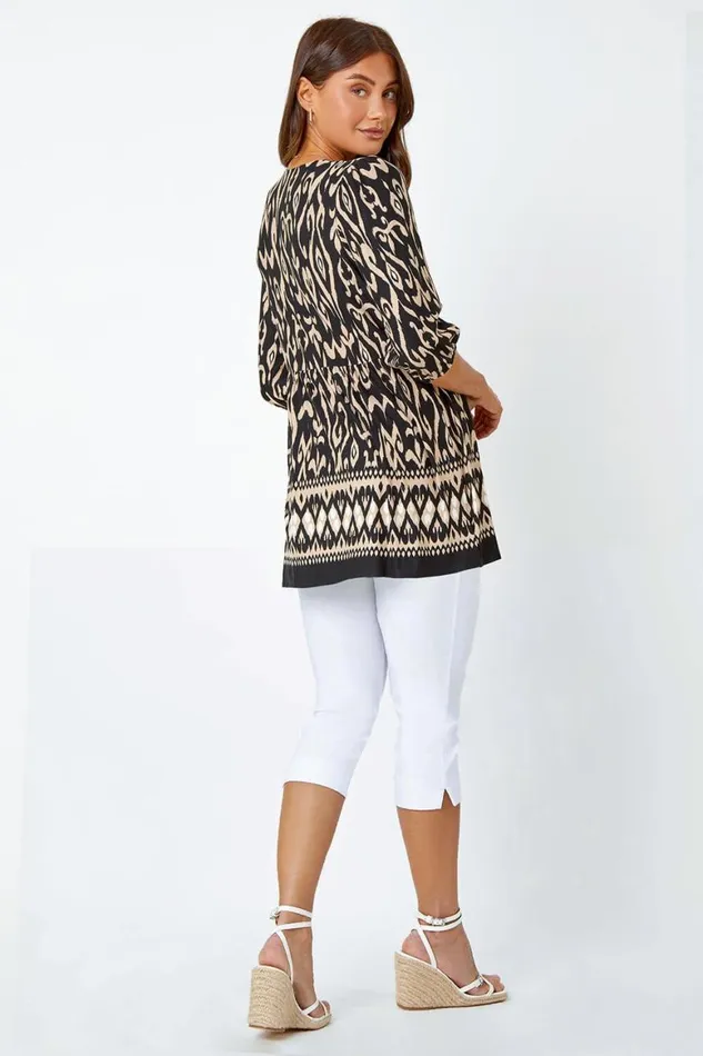 Women Black Aztec Print VNeck Stretch Tunic Smock Top Roman Tops