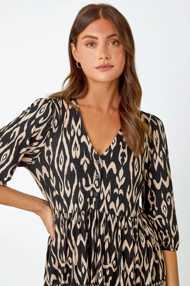 Women Black Aztec Print VNeck Stretch Tunic Smock Top Roman Tops