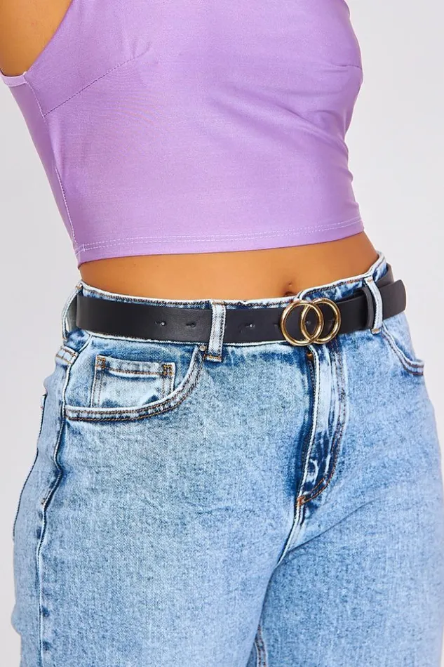 Women Black Belt With Double Golden Circles Black Brentiny Paris Belts