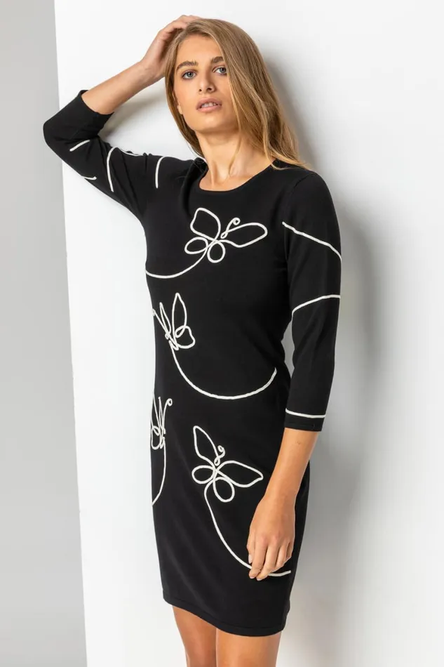 Women Black Butterfly Embellished Knitted Dress Roman Dresses