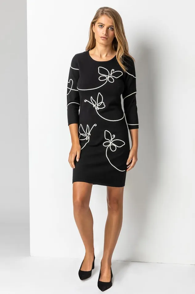 Women Black Butterfly Embellished Knitted Dress Roman Dresses