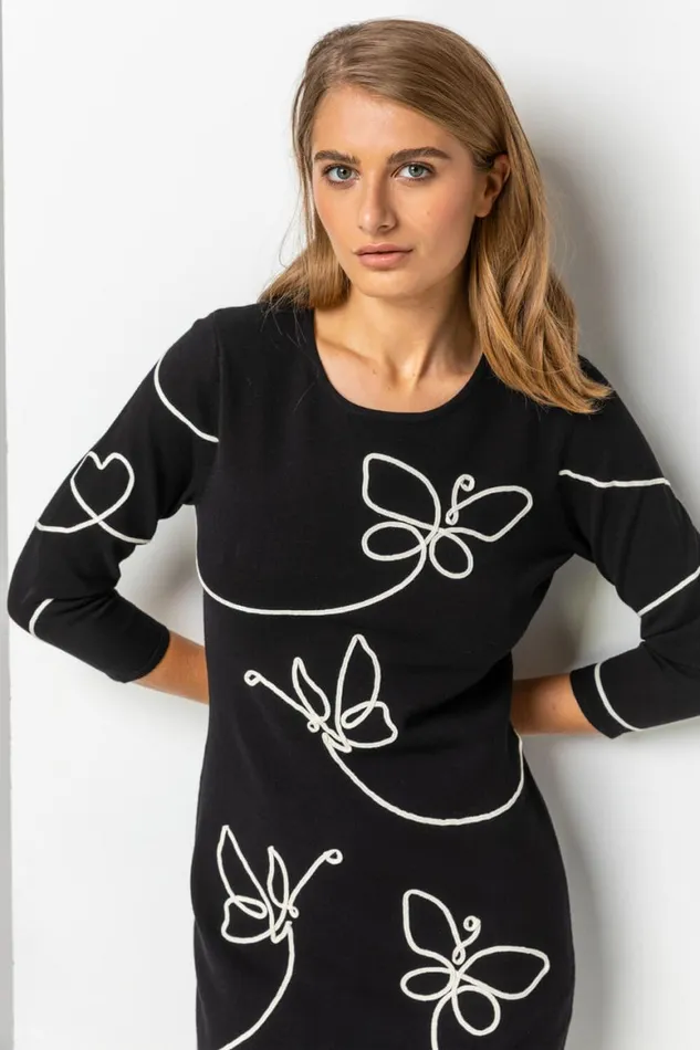 Women Black Butterfly Embellished Knitted Dress Roman Dresses