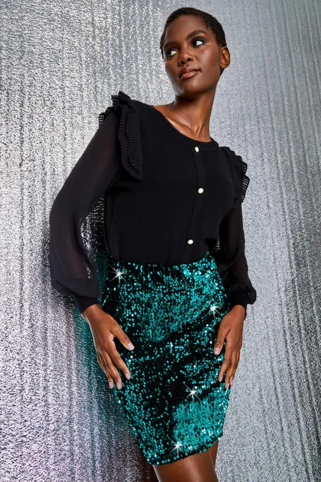 Women Black Chiffon Sleeve Frill Detail Jumper Roman Occasionwear