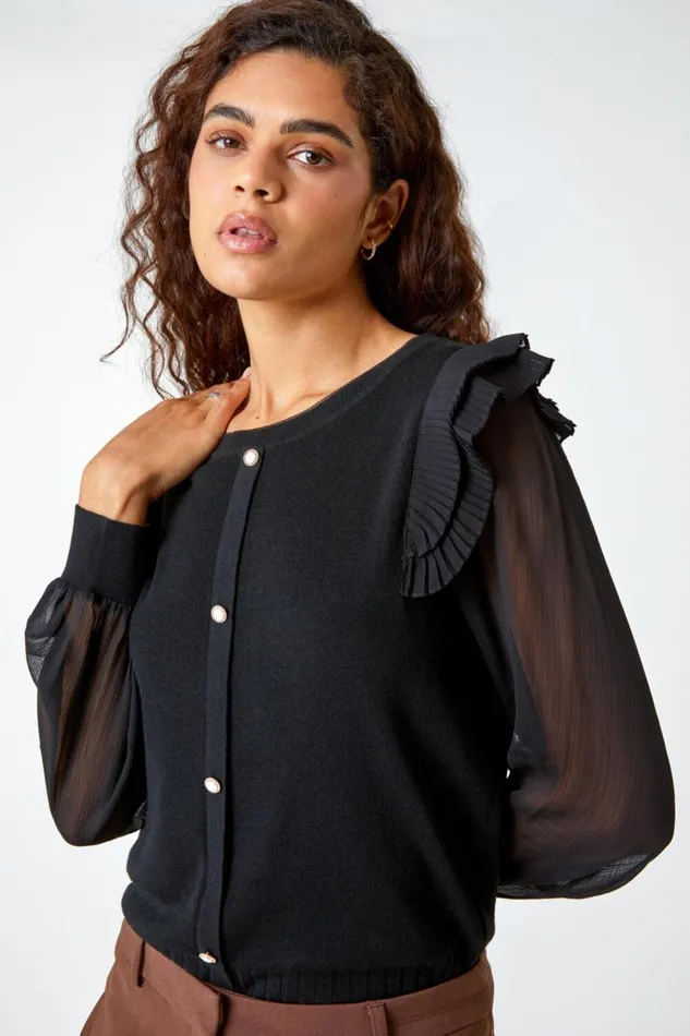 Women Black Chiffon Sleeve Frill Detail Jumper Roman Occasionwear