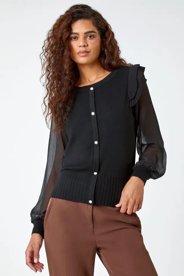 Women Black Chiffon Sleeve Frill Detail Jumper Roman Occasionwear