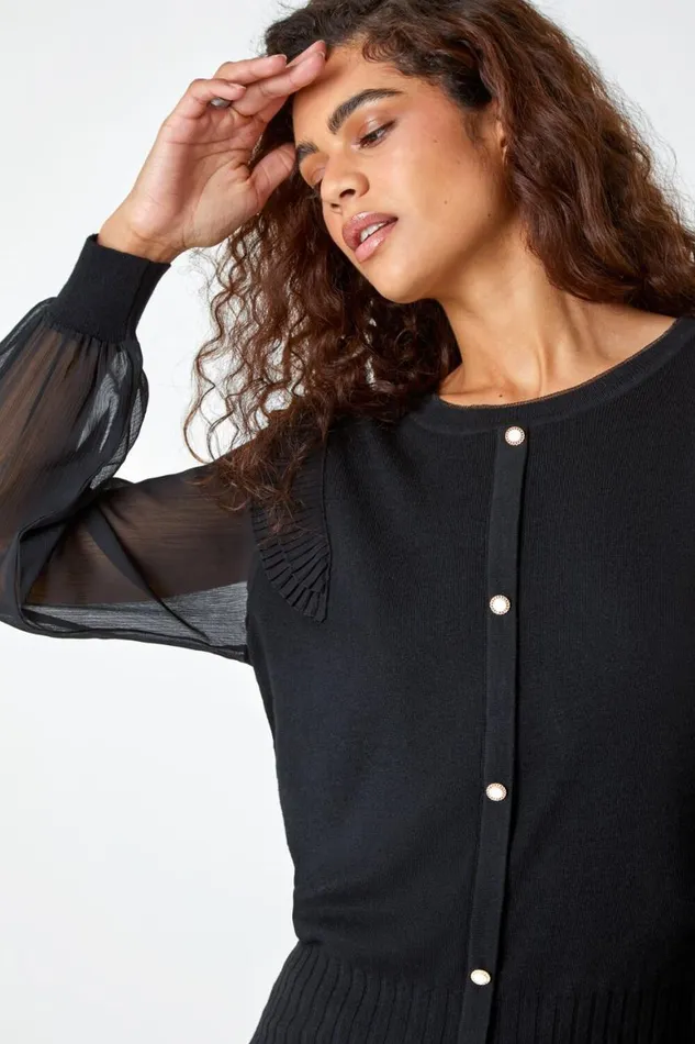 Women Black Chiffon Sleeve Frill Detail Jumper Roman Occasionwear