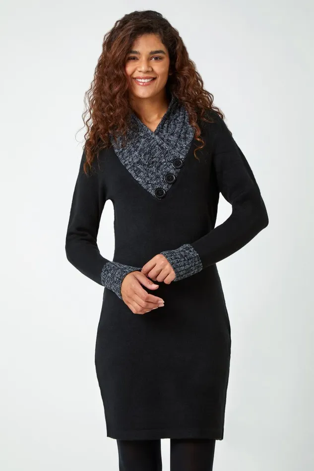 Women Black Contrast Button Detail Knit Dress Roman Dresses