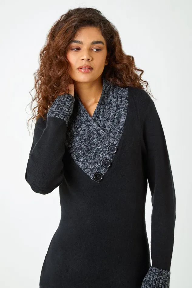 Women Black Contrast Button Detail Knit Dress Roman Dresses