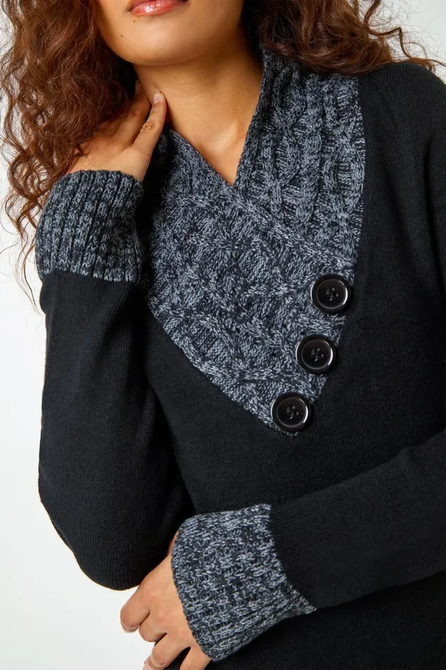 Women Black Contrast Button Detail Knit Dress Roman Dresses