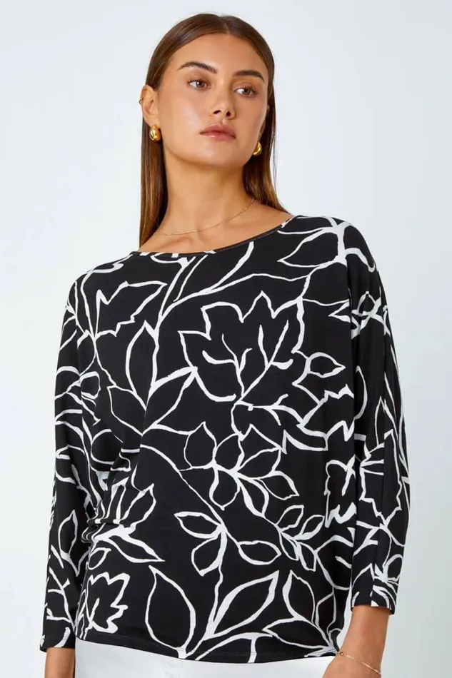 Women Black Contrast Floral Linear Print Stretch Top Roman Tops
