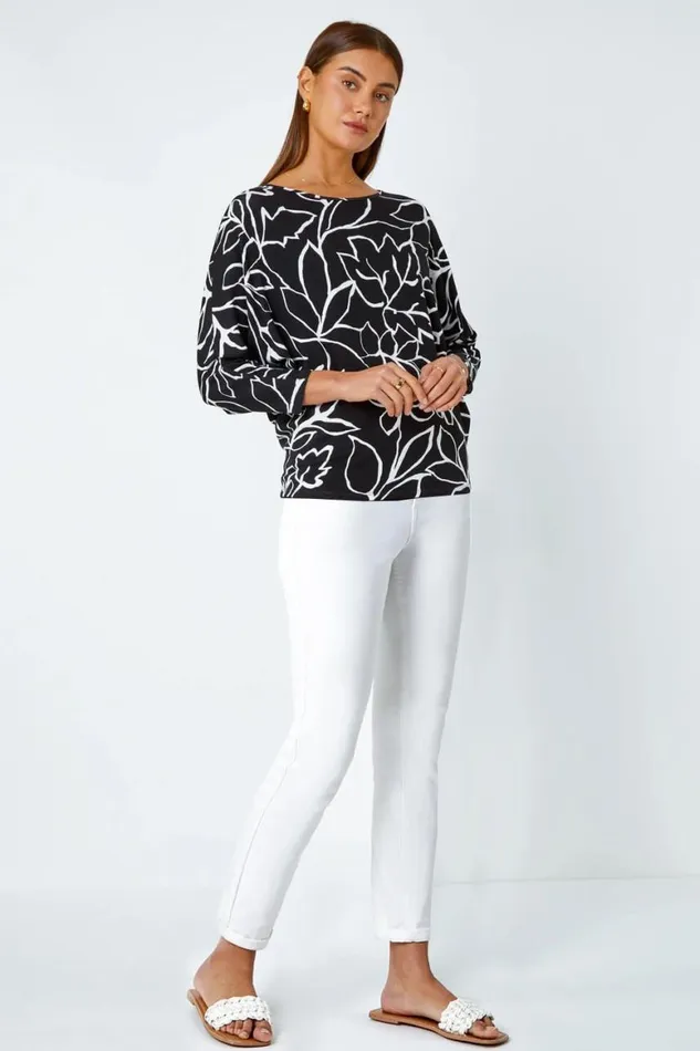 Women Black Contrast Floral Linear Print Stretch Top Roman Tops