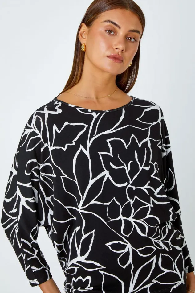 Women Black Contrast Floral Linear Print Stretch Top Roman Tops