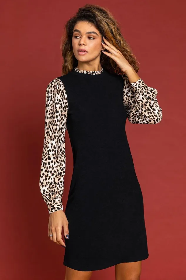 Women Black Contrast Leopard Print Sleeve Jumper Dress Roman Dresses