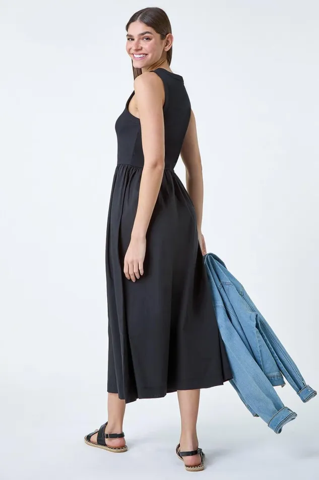 Women Black Cotton Stretch Jersey Mix Midi Dress Roman Dresses
