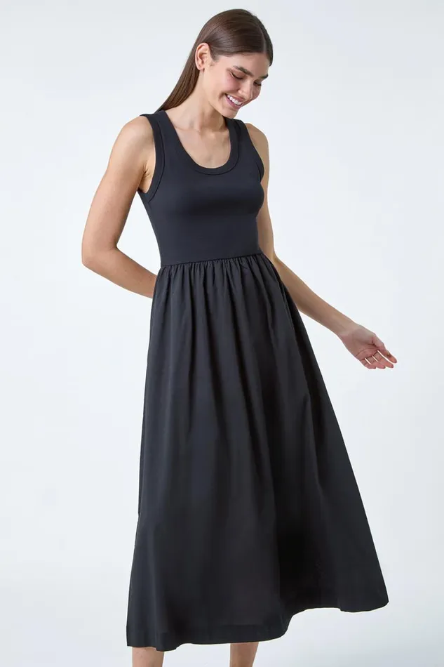 Women Black Cotton Stretch Jersey Mix Midi Dress Roman Dresses