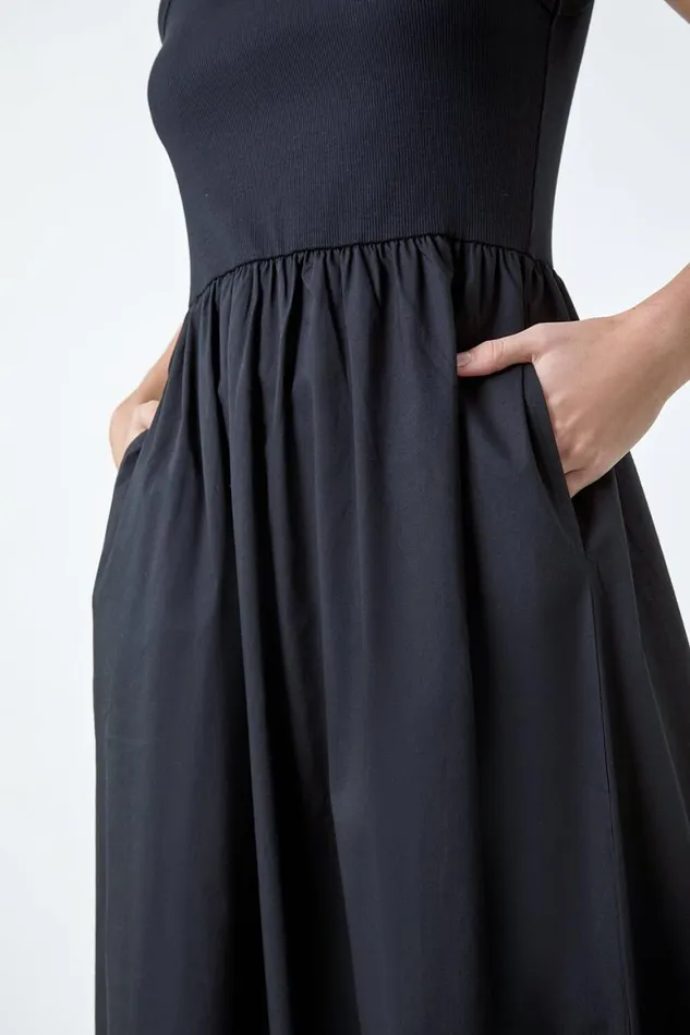 Women Black Cotton Stretch Jersey Mix Midi Dress Roman Dresses