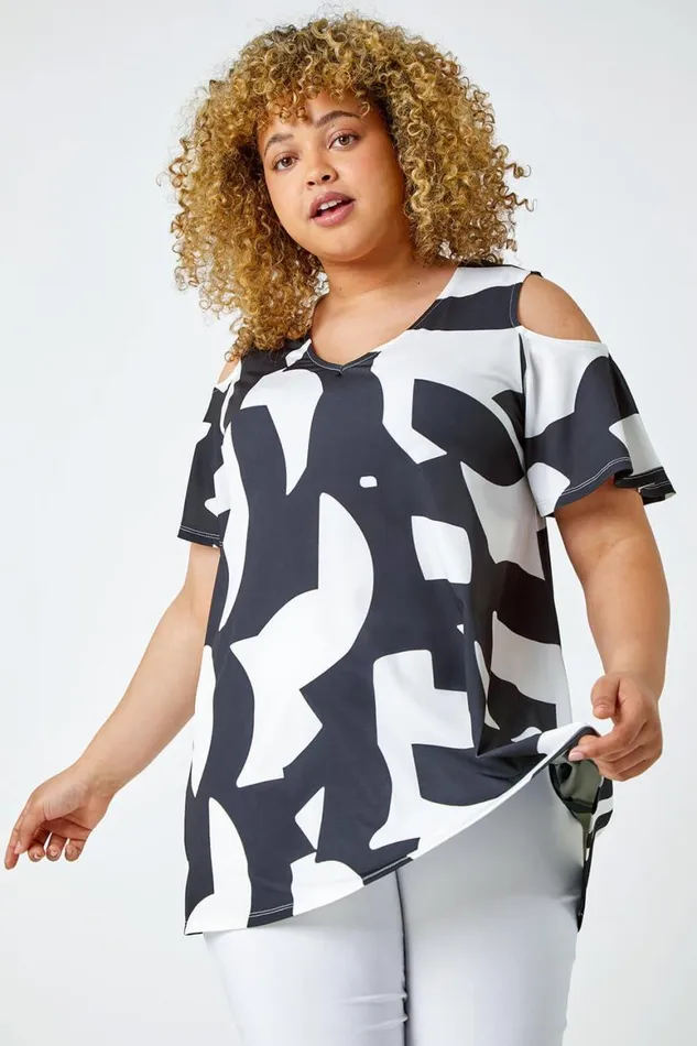 Women Black Curve Abstract Cold Shoulder Stretch Top Roman Tops