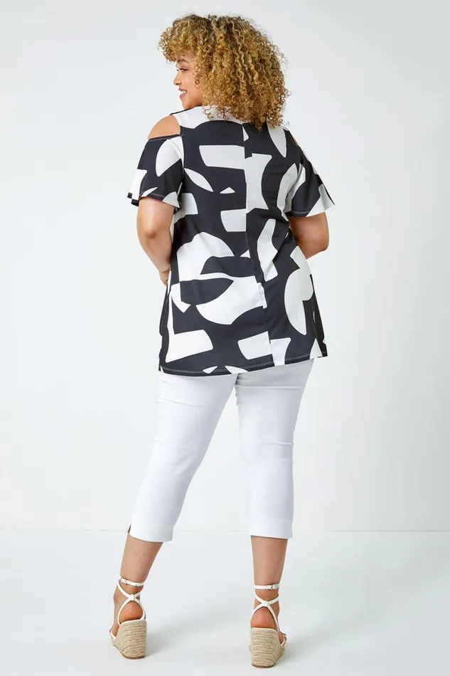 Women Black Curve Abstract Cold Shoulder Stretch Top Roman Tops
