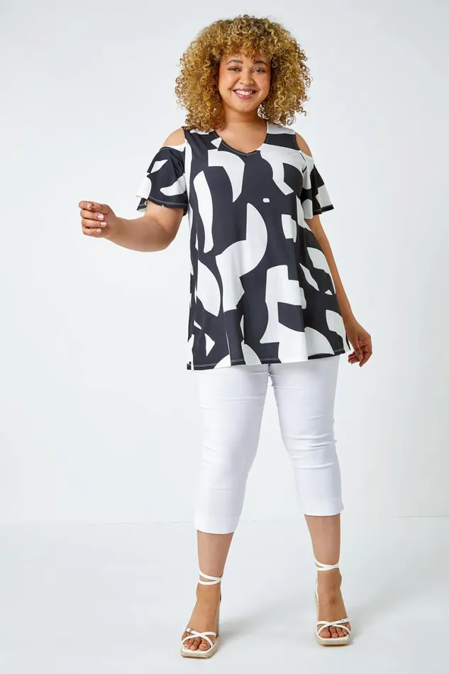 Women Black Curve Abstract Cold Shoulder Stretch Top Roman Tops