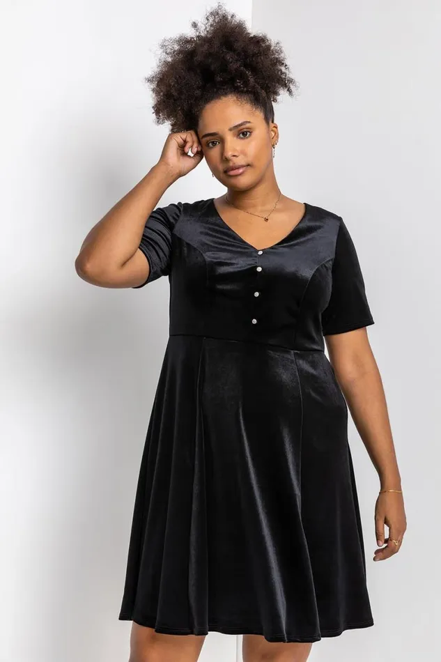 Women Black Curve Diamante Button Velvet Dress Roman Dresses