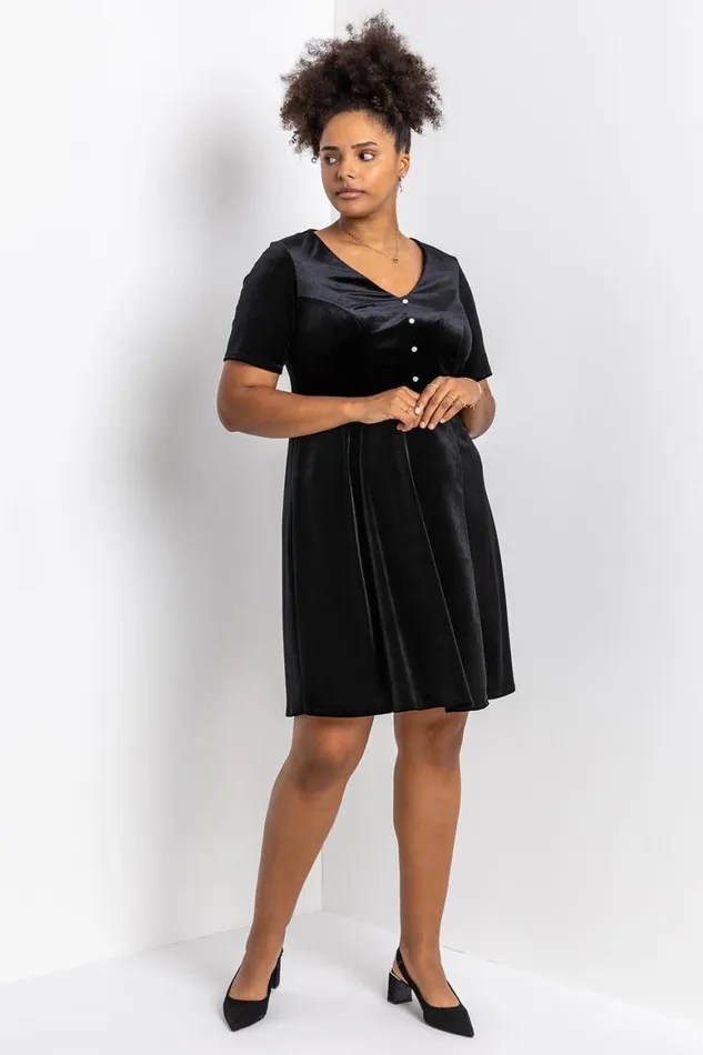 Women Black Curve Diamante Button Velvet Dress Roman Dresses