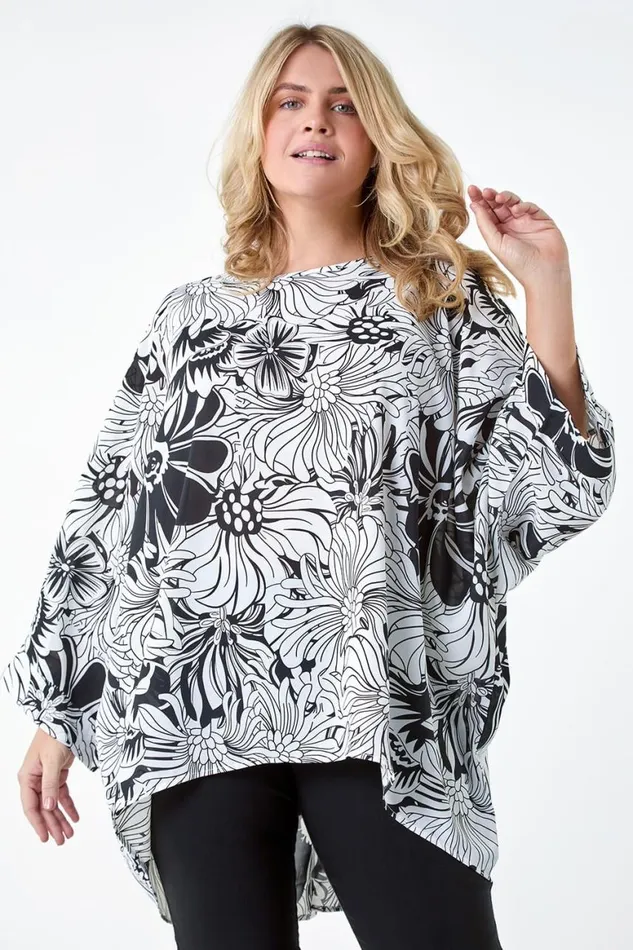 Women Black Curve Floral Print Dipped Hem Top Roman Tops