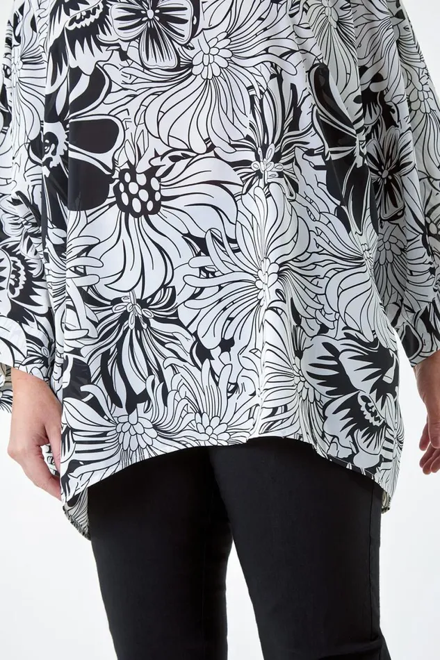 Women Black Curve Floral Print Dipped Hem Top Roman Tops