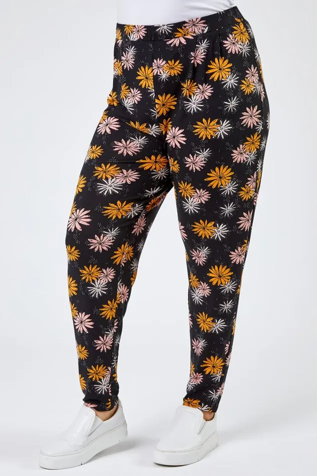 Women Black Curve Floral Print Jersey Trouser Roman Trousers
