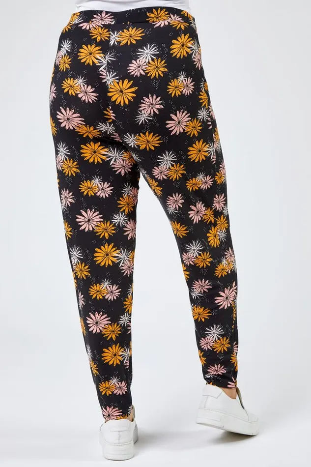 Women Black Curve Floral Print Jersey Trouser Roman Trousers