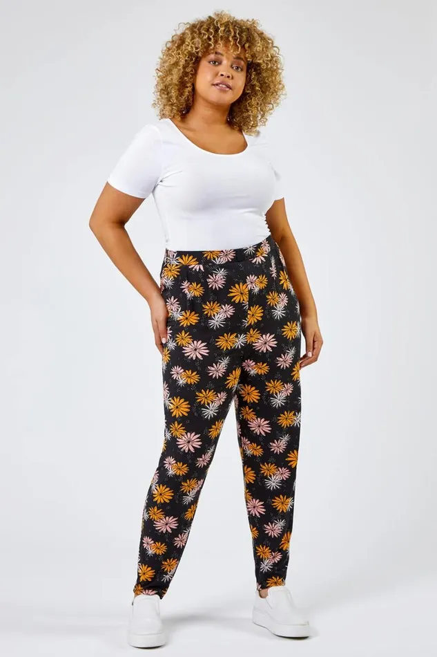 Women Black Curve Floral Print Jersey Trouser Roman Trousers
