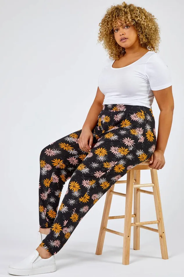 Women Black Curve Floral Print Jersey Trouser Roman Trousers