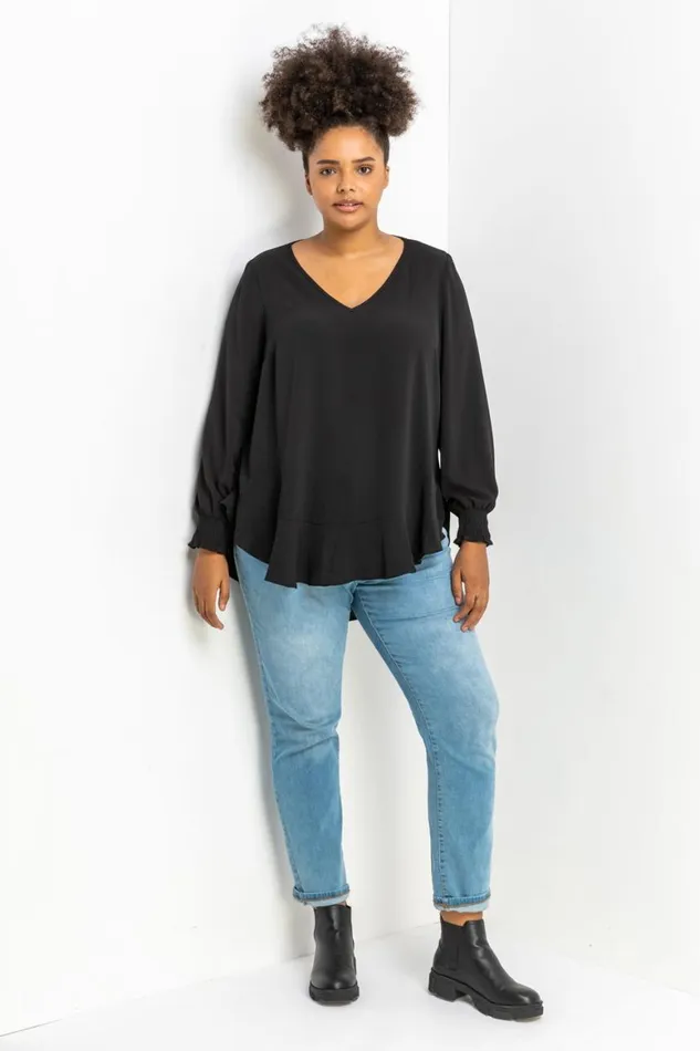 Women Black Curve Frill Hem Shirred Long Sleeve Chiffon Top Roman Tops