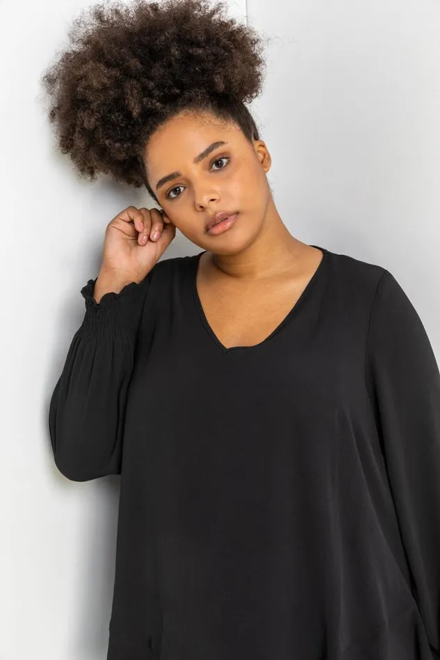 Women Black Curve Frill Hem Shirred Long Sleeve Chiffon Top Roman Tops