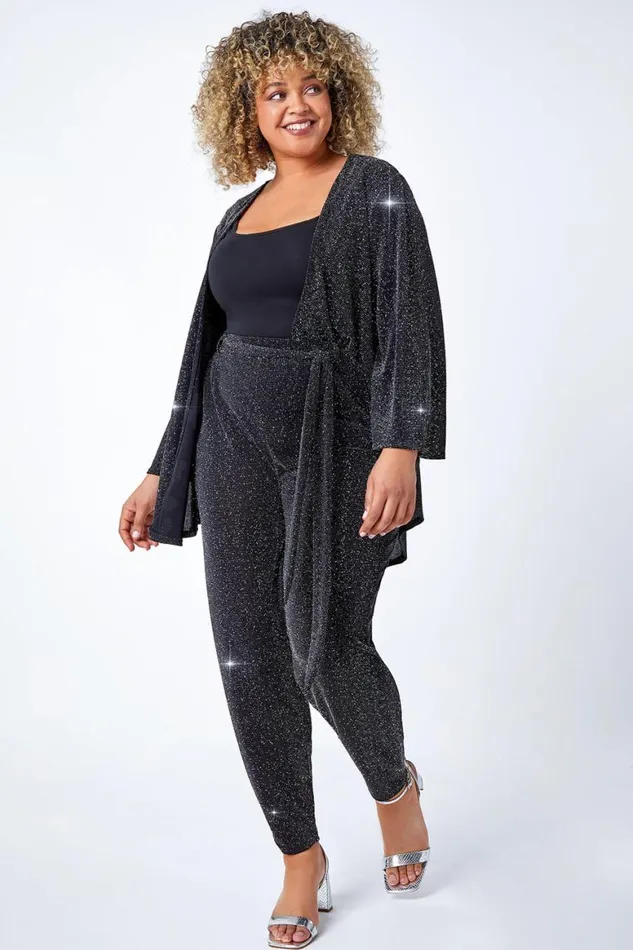 Women Black Curve Glitter Belted Tapered Stretch Trousers Roman Trousers