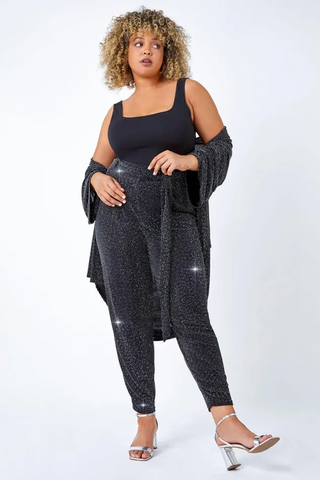Women Black Curve Glitter Belted Tapered Stretch Trousers Roman Trousers