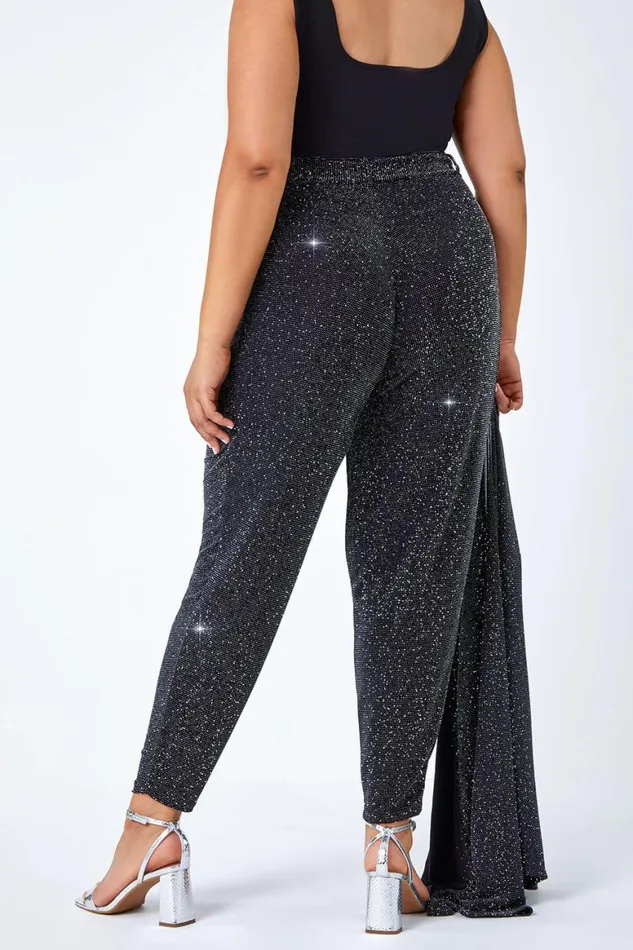 Women Black Curve Glitter Belted Tapered Stretch Trousers Roman Trousers