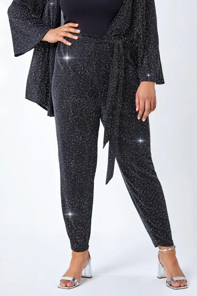 Women Black Curve Glitter Belted Tapered Stretch Trousers Roman Trousers