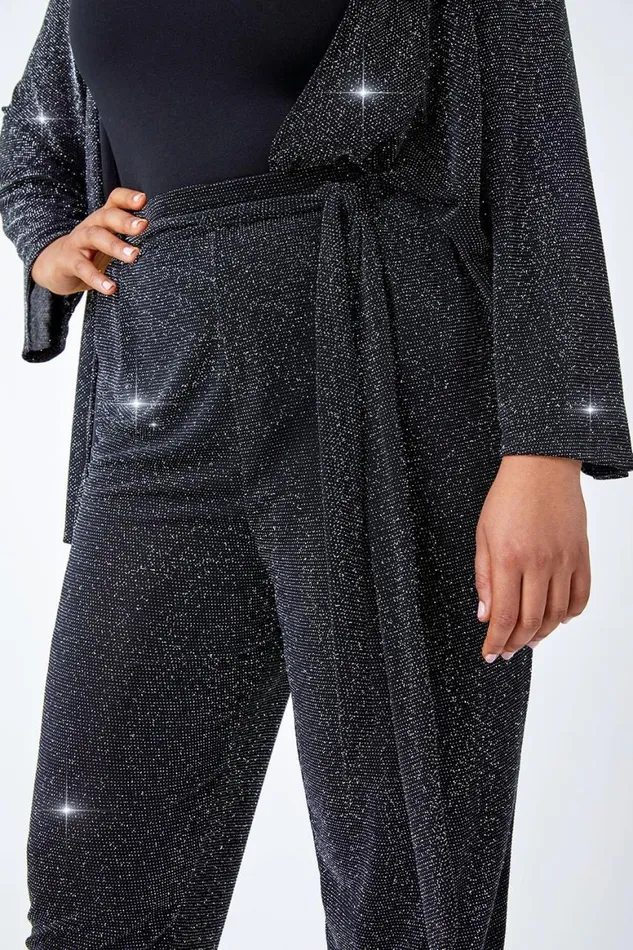 Women Black Curve Glitter Belted Tapered Stretch Trousers Roman Trousers