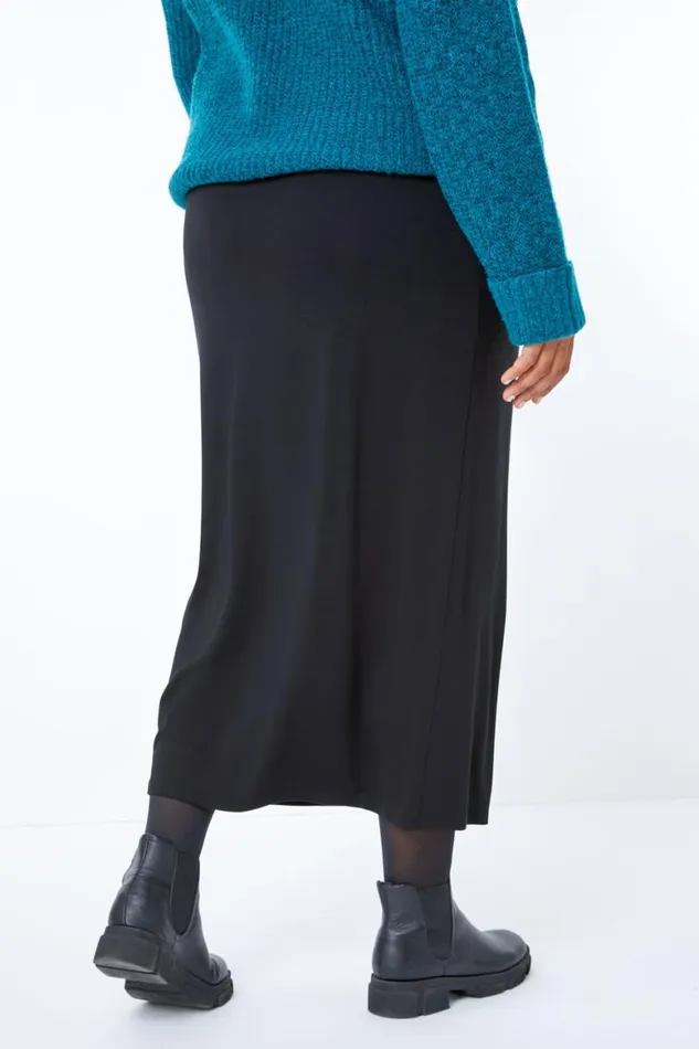 Women Black Curve Midi Elastic Waist Stretch Skirt Roman Skirts