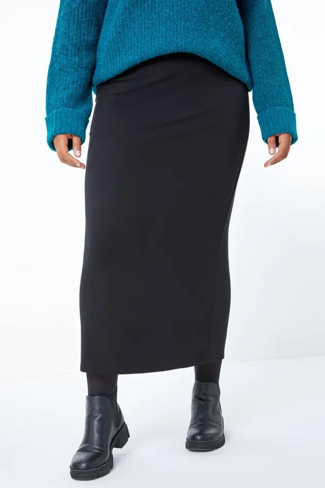 Women Black Curve Midi Elastic Waist Stretch Skirt Roman Skirts