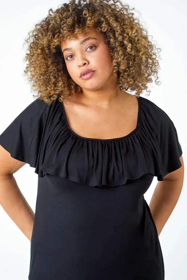 Women Black Curve Plain Bardot Stretch Top Roman Tops