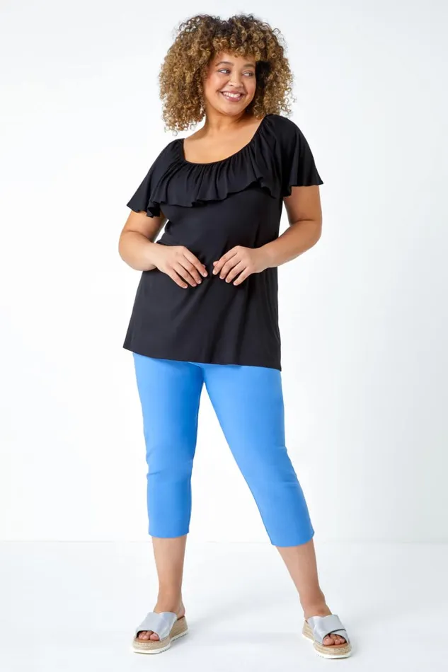 Women Black Curve Plain Bardot Stretch Top Roman Tops