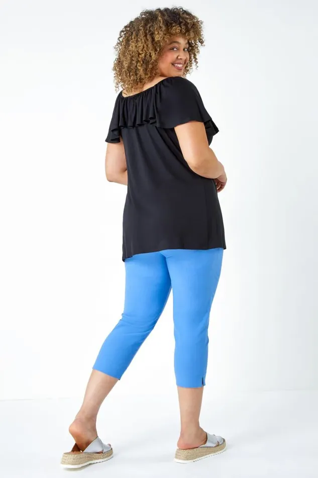 Women Black Curve Plain Bardot Stretch Top Roman Tops