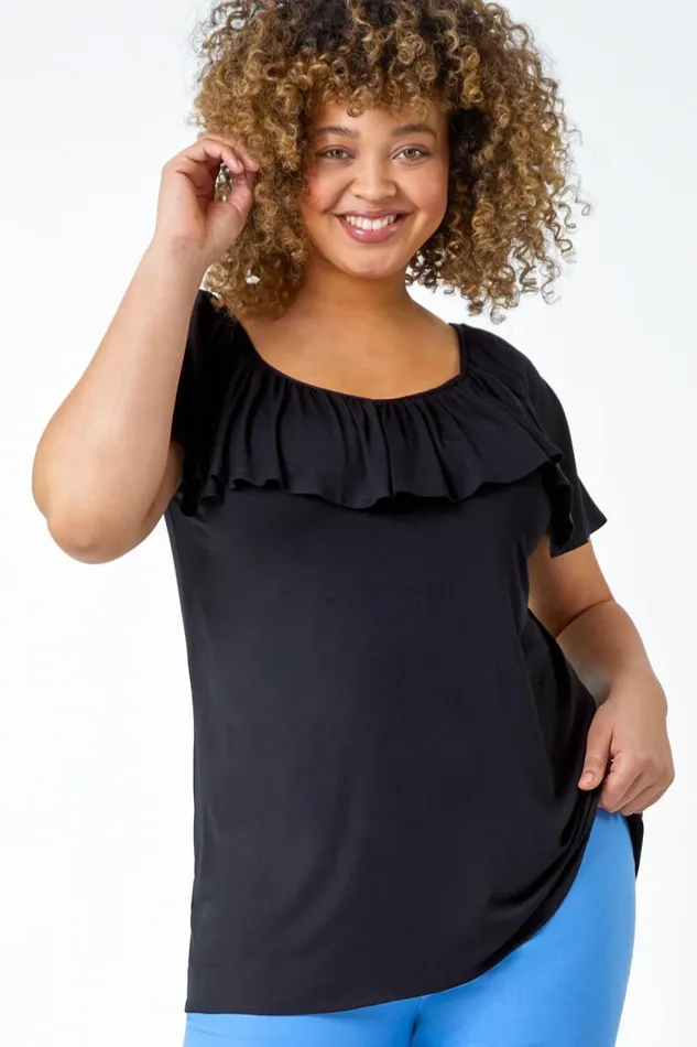 Women Black Curve Plain Bardot Stretch Top Roman Tops