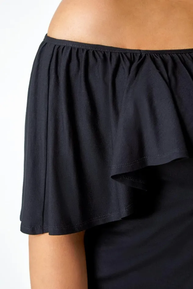 Women Black Curve Plain Bardot Stretch Top Roman Tops