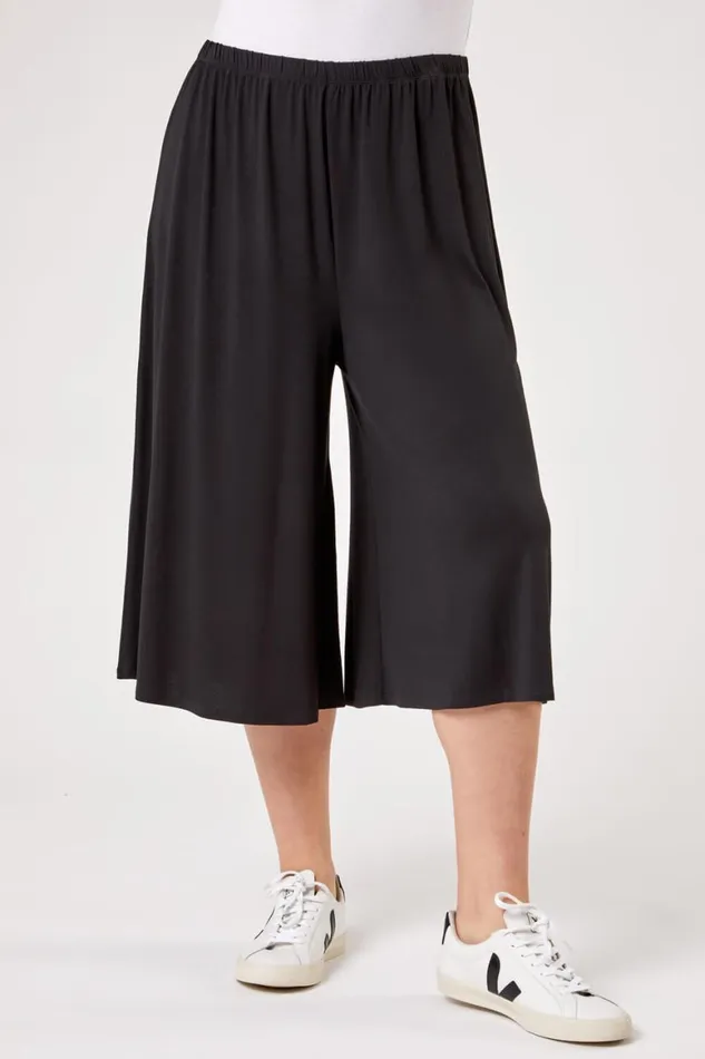 Women Black Curve Plain Elastic Waist Culotte Trousers Roman Trousers