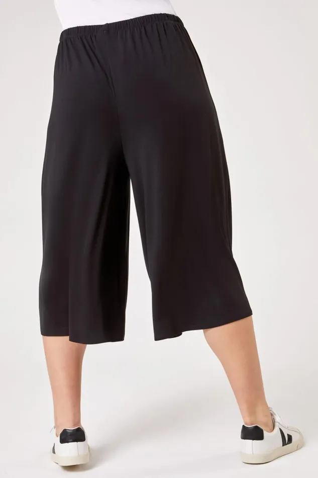 Women Black Curve Plain Elastic Waist Culotte Trousers Roman Trousers