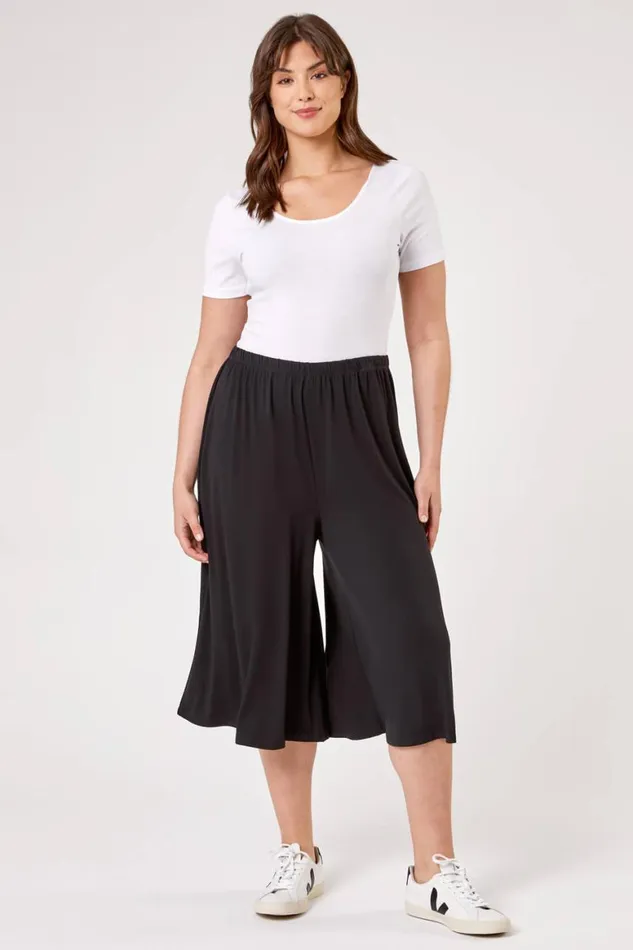 Women Black Curve Plain Elastic Waist Culotte Trousers Roman Trousers